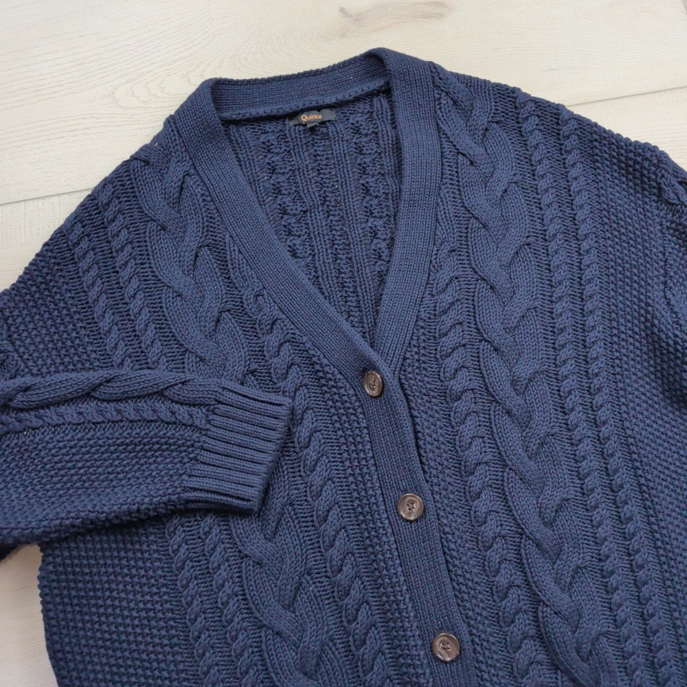 Quince 100% Organic Cotton Oversized Cable Cardigan Womens Small Navy Blue